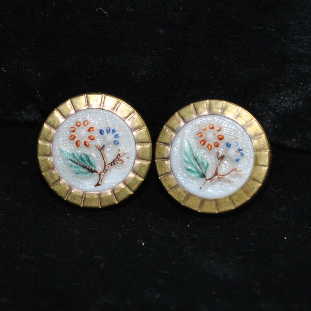 Antique Victorian Milk Glass Cufflinks with Painted Flowers